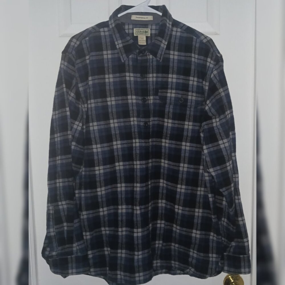 L.L.Bean Men's Traditional Fit 1/4 Button Flannel Shirt Blue Gray Plaid L